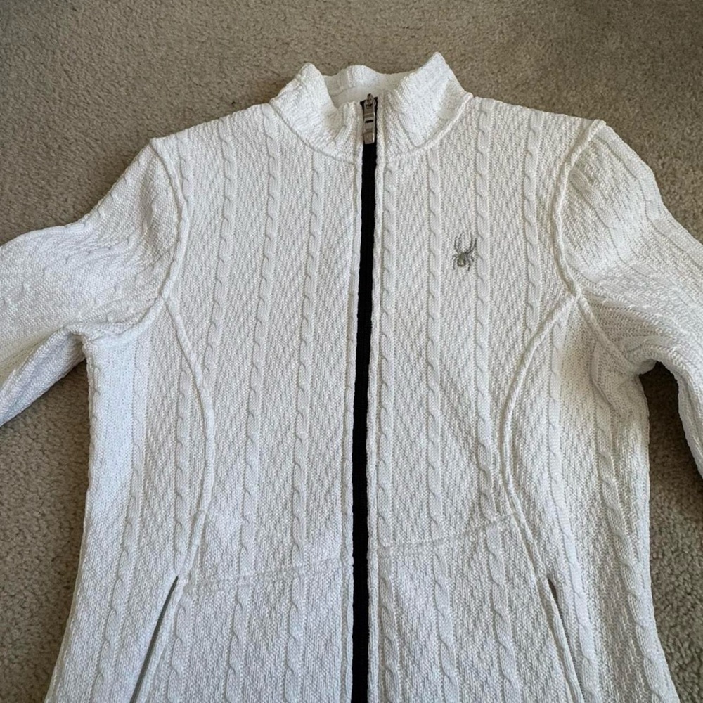 Spyder Womens Core Cable Knit Sweater Jacket Full Zip Pockets White Medium - Picture 2 of 8